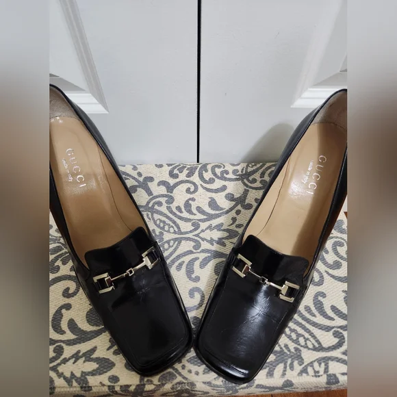 VINTAGE Gucci Black Leather Square Horsebit Square Toe Pumps Size 8 - Picture 3 of 7